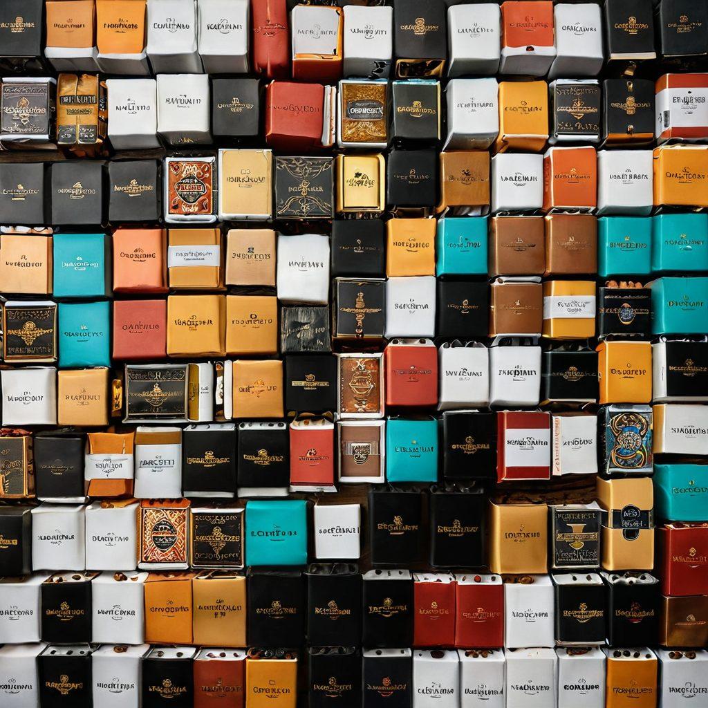 A visually appealing collage showcasing a variety of cigarette packs from luxury to affordable options, creatively arranged on a wooden table. Highlight an elegant gold and black luxury box beside a colorful, bold, budget-friendly pack, along with smoking accessories like a vintage lighter and ashtray. Soft, warm lighting enhances the aesthetic, inviting the viewer to explore the world of cigarettes. super-realistic. vibrant colors. slightly blurred background.