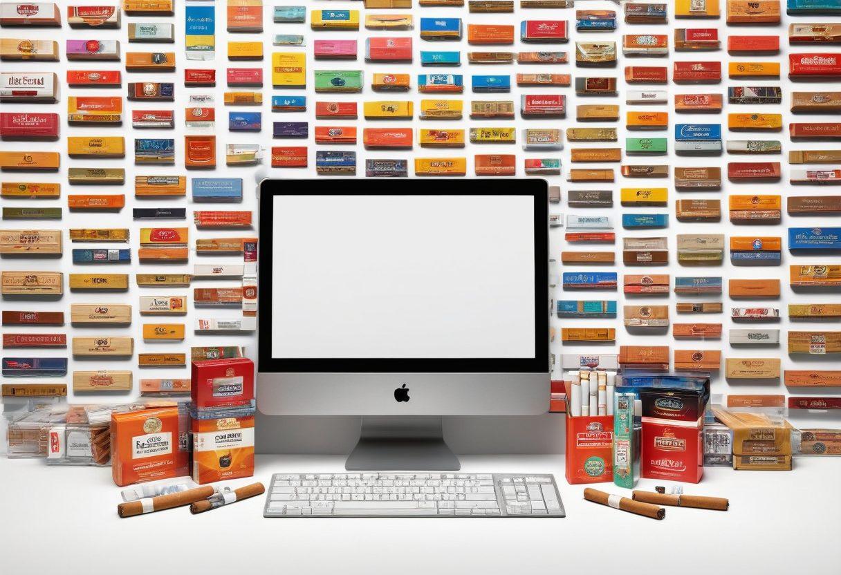 A beautifully arranged display of various cigarette brands with colorful packaging, set against a backdrop of a computer screen showcasing an online guide. Include visual elements like promotional banners and price tags to convey the concept of options and deals. The scene should be inviting and informative, with a blend of modern technology and traditional tobacco elements. super-realistic. vibrant colors. white background.